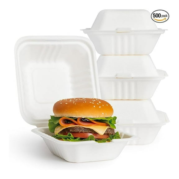 To Go Food Containers 500 Pack - 6x6 Clamshell Takeout Boxes, Compostable & Biodegradable Sugarcane Containers, Disposable Lunch Boxes for Restaurants & Catering