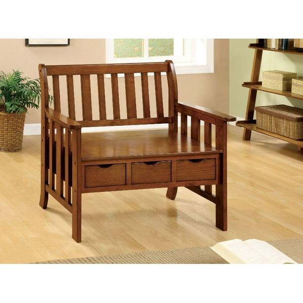 Pine Crest Mission Style Solid Wood Bench With 3 Storage Drawers Under