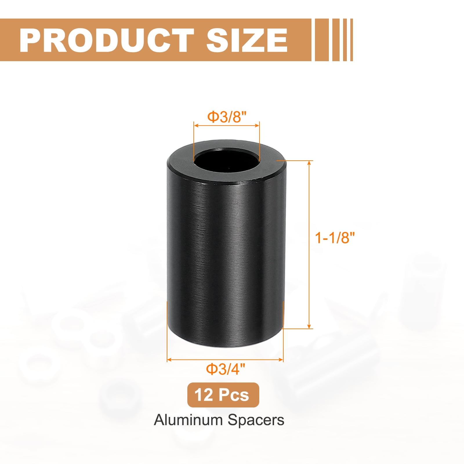 12PCS Aluminum Spacers, 3/8" x 3/4" Metal Spacers Aluminum 1-1/8" L Spacer Screw Standoff Round Unthreaded Standoff Bushing for 3/8inch Screw Bolts, Black