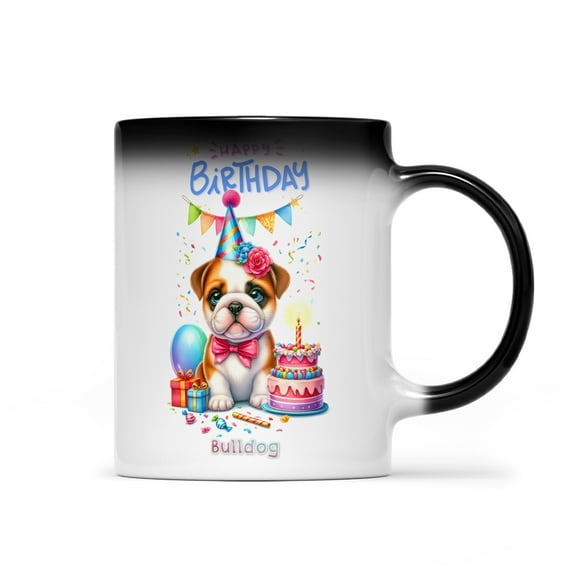 Happy Birthday Cute Puppy Bulldog with Cake Gifts Party Hat Heat Color Changing Mug Dog Lover Gifts Idea Magic Coffee Mug - 00029