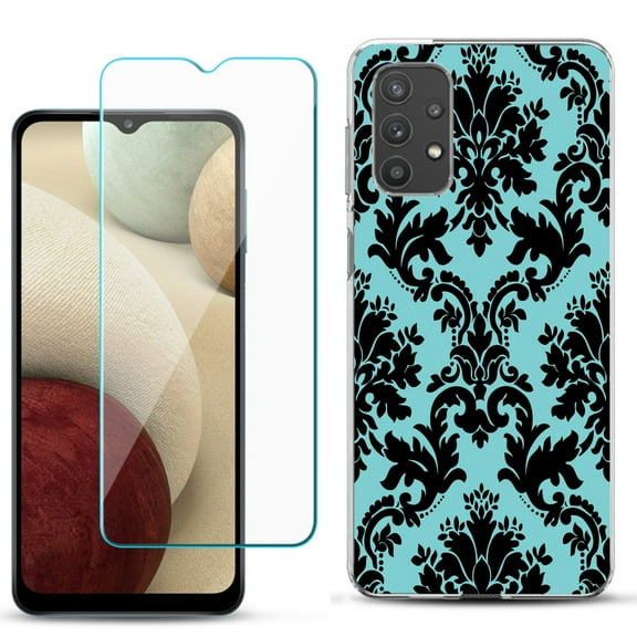 Slim-Fit TPU Phone Case compatible with Samsung Galaxy A32 5G, with Tempered Glass Screen Protector, by OneToughShield ® - Victorian Blue/Black