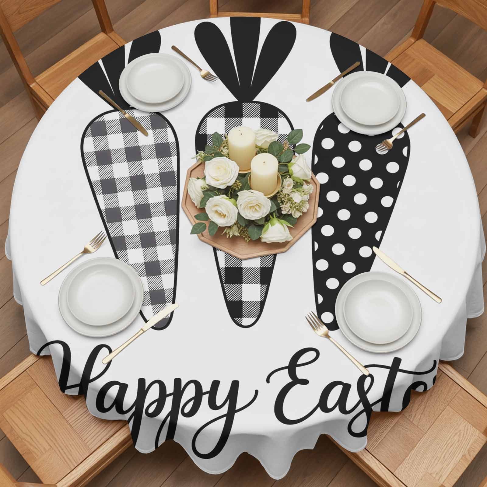 Round Tablecloth Happy Easter Waterproof Oil Proof Polyester Table Cloth Cover Decor for Home Dining Outdoor,Patio,Parties, 54" Dia. Farmhouse Plaid Carrots White