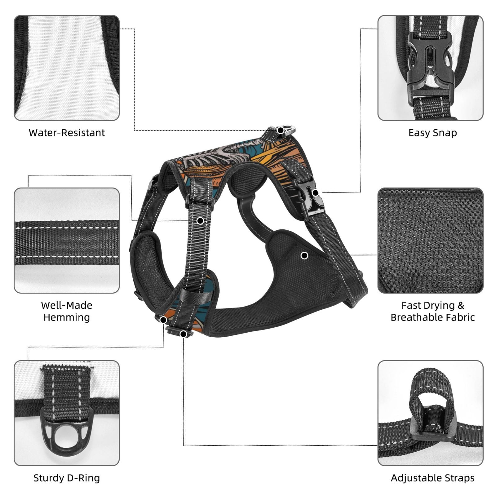 Fuzoiu Coffee-Drinking Skull Print Reflective Dog Harness,Adjustable, Breathable Pet Vest,Dog Harness No Pull,No Choke Pet Vest for Small, Medium, and Large Dogs-Medium