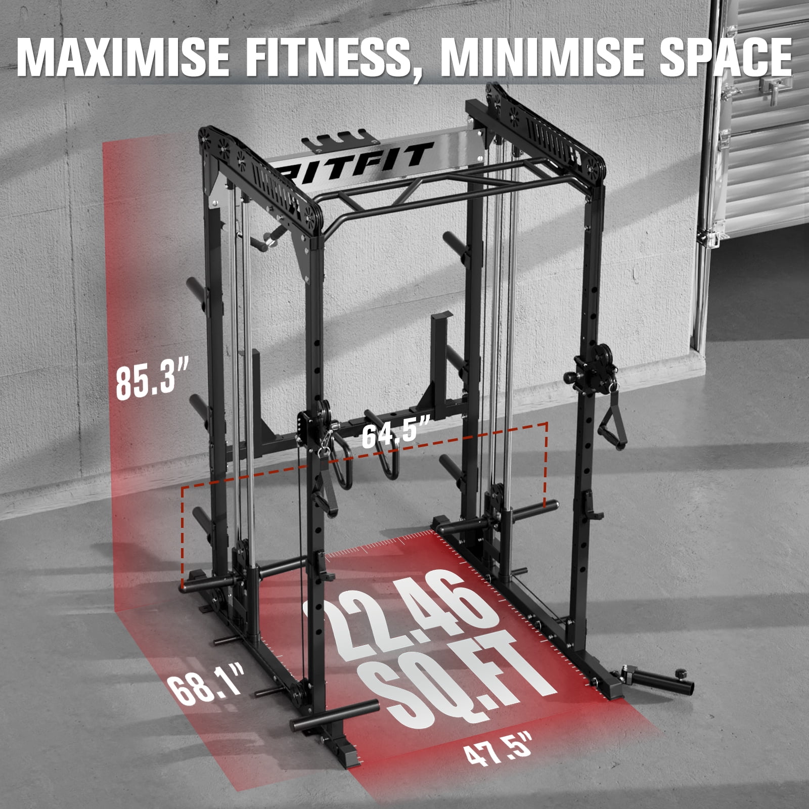 RitFit M1-C Power Cage with Cable Crossover System, 1600 LBS Capacity Squat Rack with Pull-up Bar, LAT Pulldown and Weight Storage, for Garage Workout & Home Gym