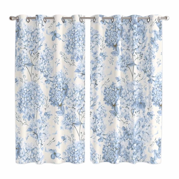 Blue Floral Kitchen Curtains 84 Inch Length, Garden Petals Flower Botanical Tree Branch Grommet Top Bedroom Living Room Curtains, Light Filtering Cafe Curtain Drapes 2 Panels Set 104''x84''