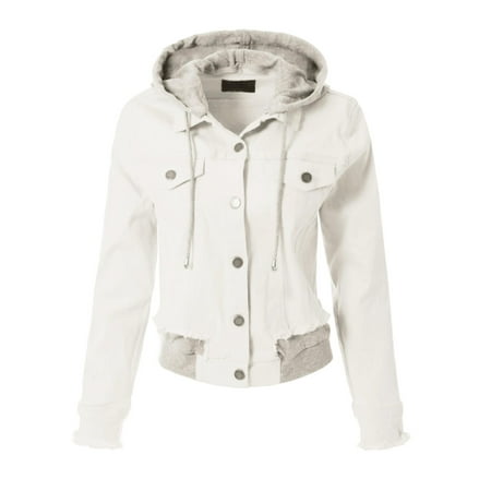 Made by Olivia Women's Raw Cut Drawstring Hooded Trucker Color Jean Jacket