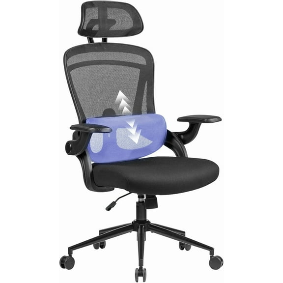 Nouhaus Ergonomic Mesh Office Chair Adjustable Lumbar Support and Flip-up Armrests High Back Headrest, Tilt Function Comfy Computer Gaming Chair Swivel Desk Chairs (Ergo Fit,Dark Black)