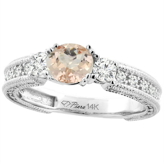 14K White Gold Natural Morganite & Diamond Ring Round 6 mm, size 5