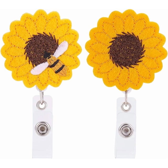 Porta credencial retráctil con diseño de girasol para enfermería, paquete de 2, con clip y correa reforzada.