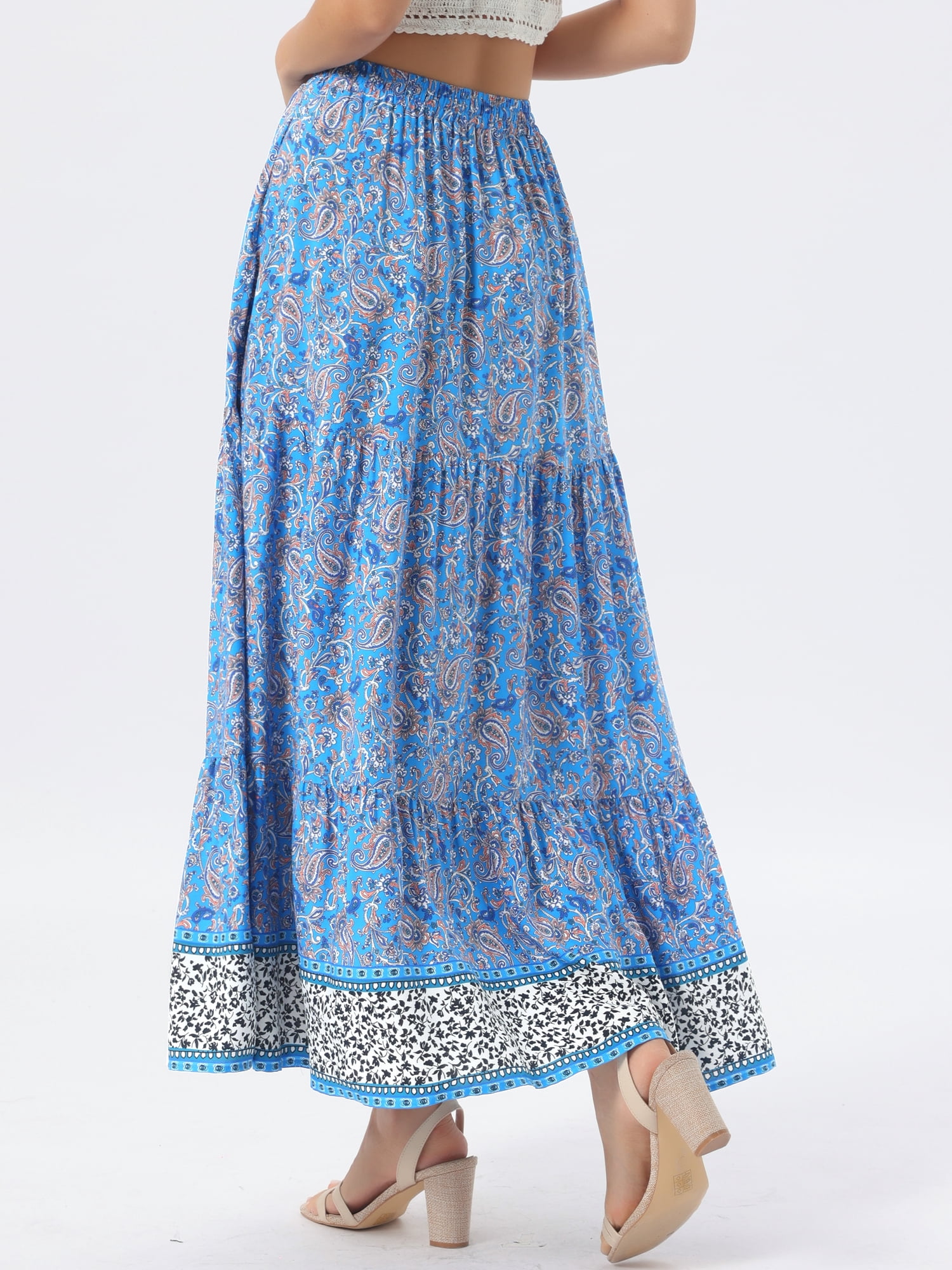 DARING DIVA Women's Boho Flare Floral Skirt X-Small Sky Blue