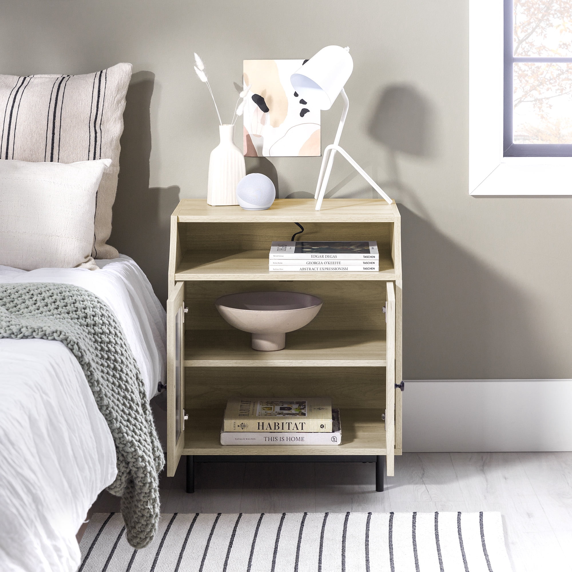Walker Edison Modern 2 Door Nightstand with USB Port, Birch