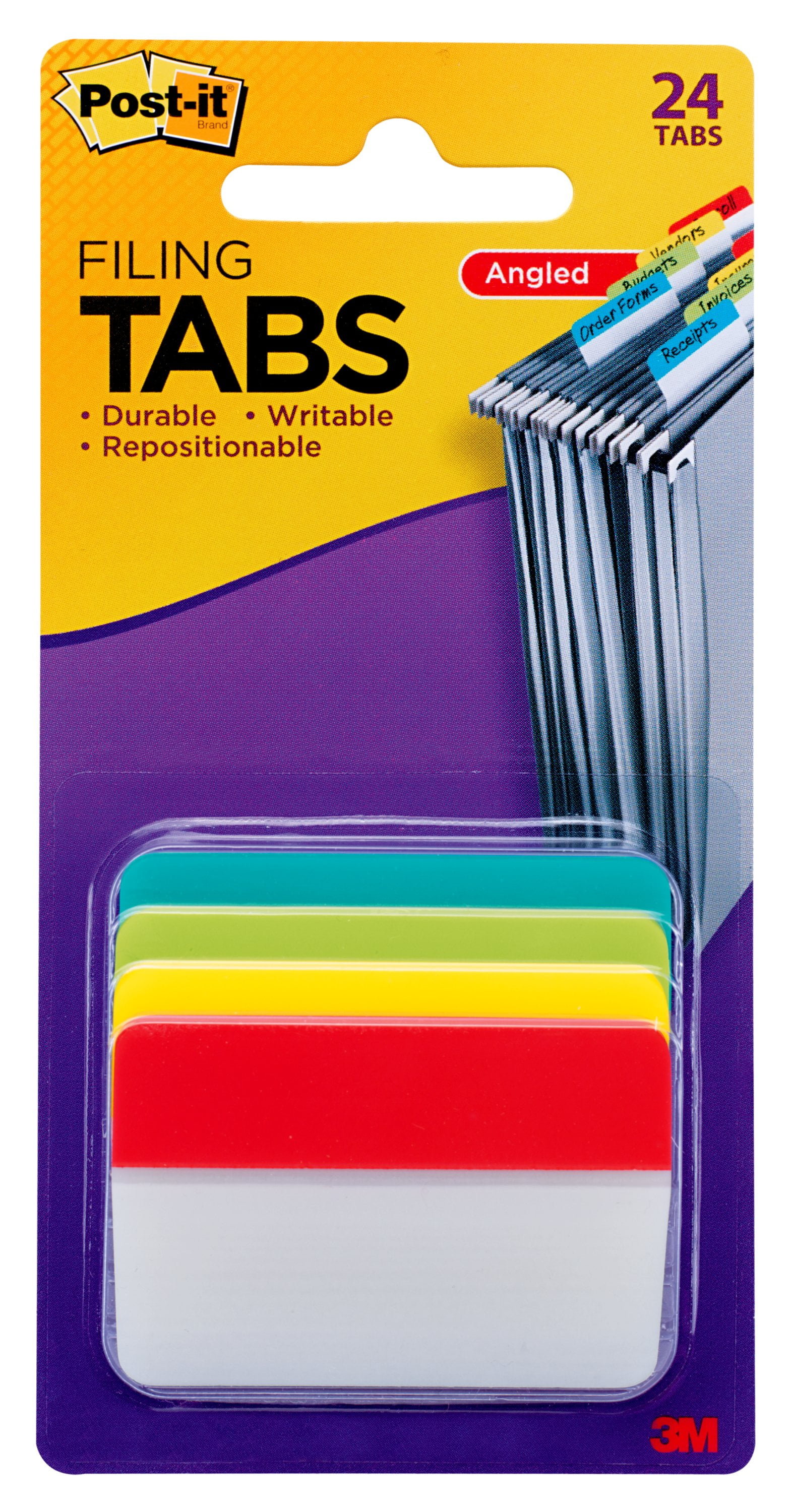 Postit Filing Tabs, 2" Angled Solid, Assorted Primary Colors, 24 Tabs