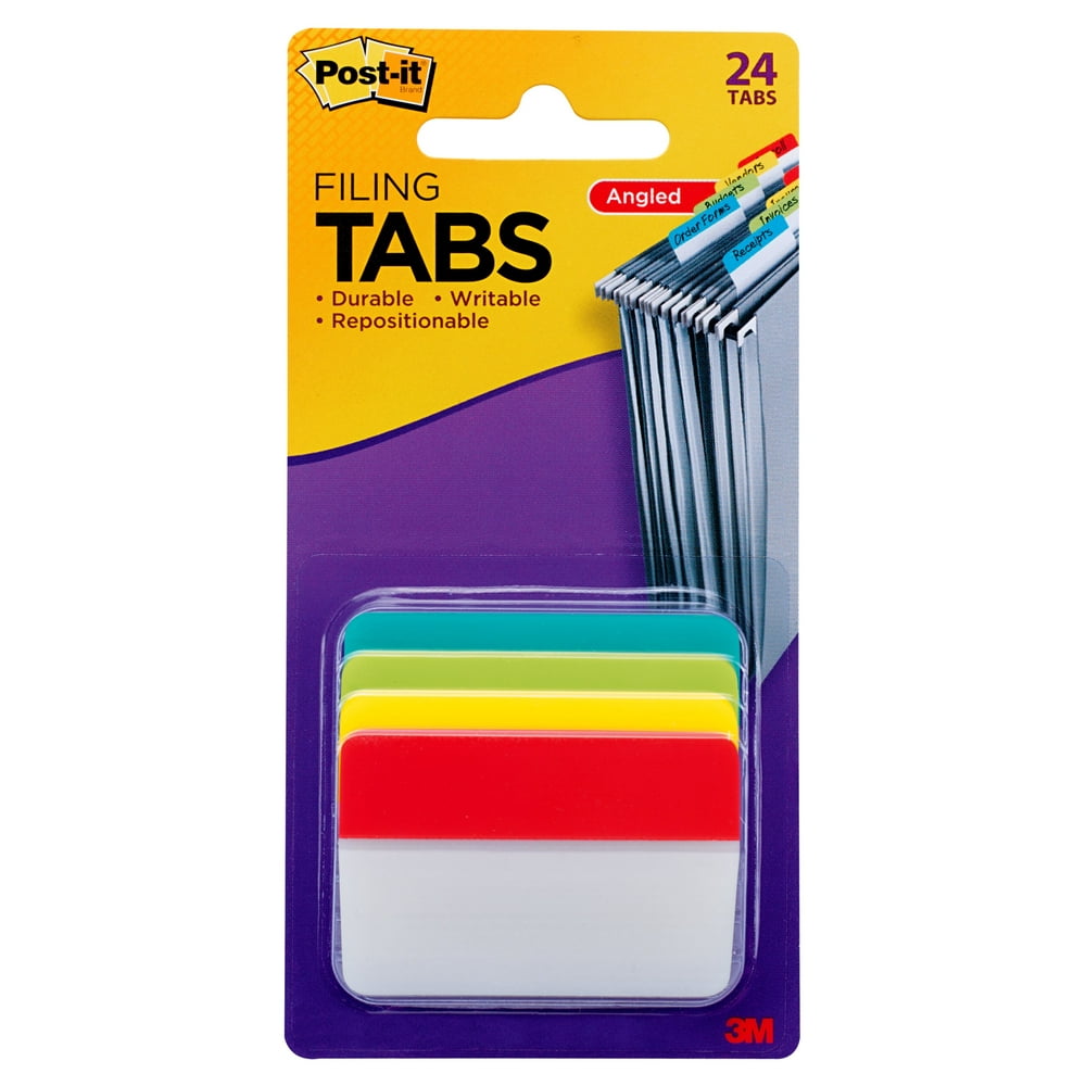 Postit Filing Tabs, 2" Angled Solid, Assorted Primary Colors, 24 Tabs