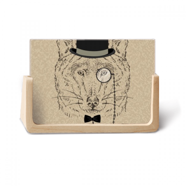 Estilo británico suave Wolf con sombrero pajarita de cristal patron animal ilustración Pantalla de escritorio fotográfica de madera