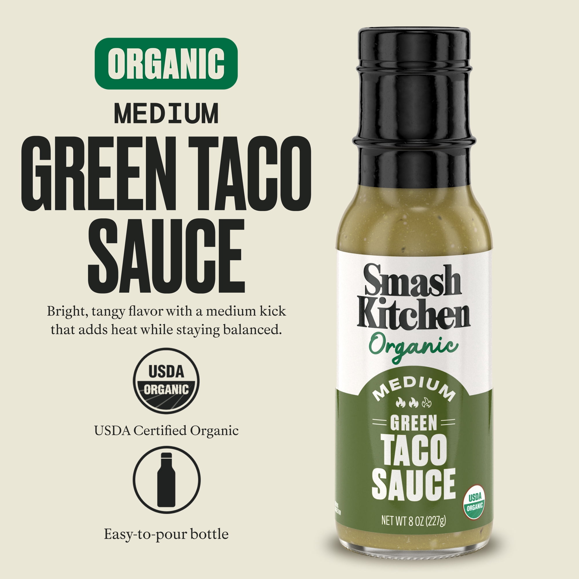 (2 pack) Smash Kitchen Organic Medium Green Taco Sauce, 8 oz