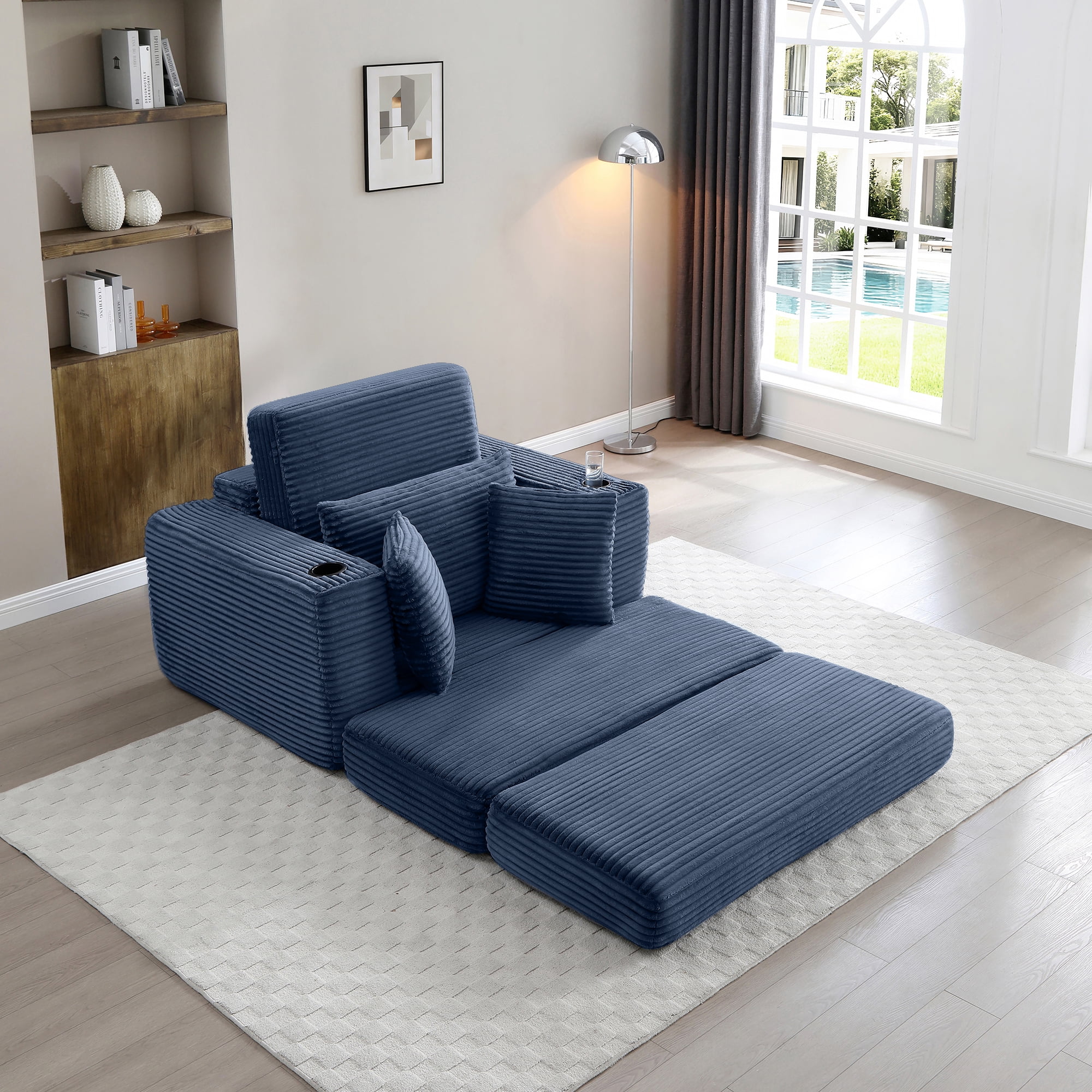 Miniyam 52″ x 61″ No-Spring Boneless Convertible Sofa with Ottoman – 3-Way Sleeper, High-Resiliency Foam, Armrest Cup Holders (Blue)