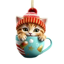 Lilixerw Christmas Cat in Mug Ornament,Acrylic Cute Pattern Hanging Decoration for Christmas Tree,Festival Party Supplies,Car Home Decor