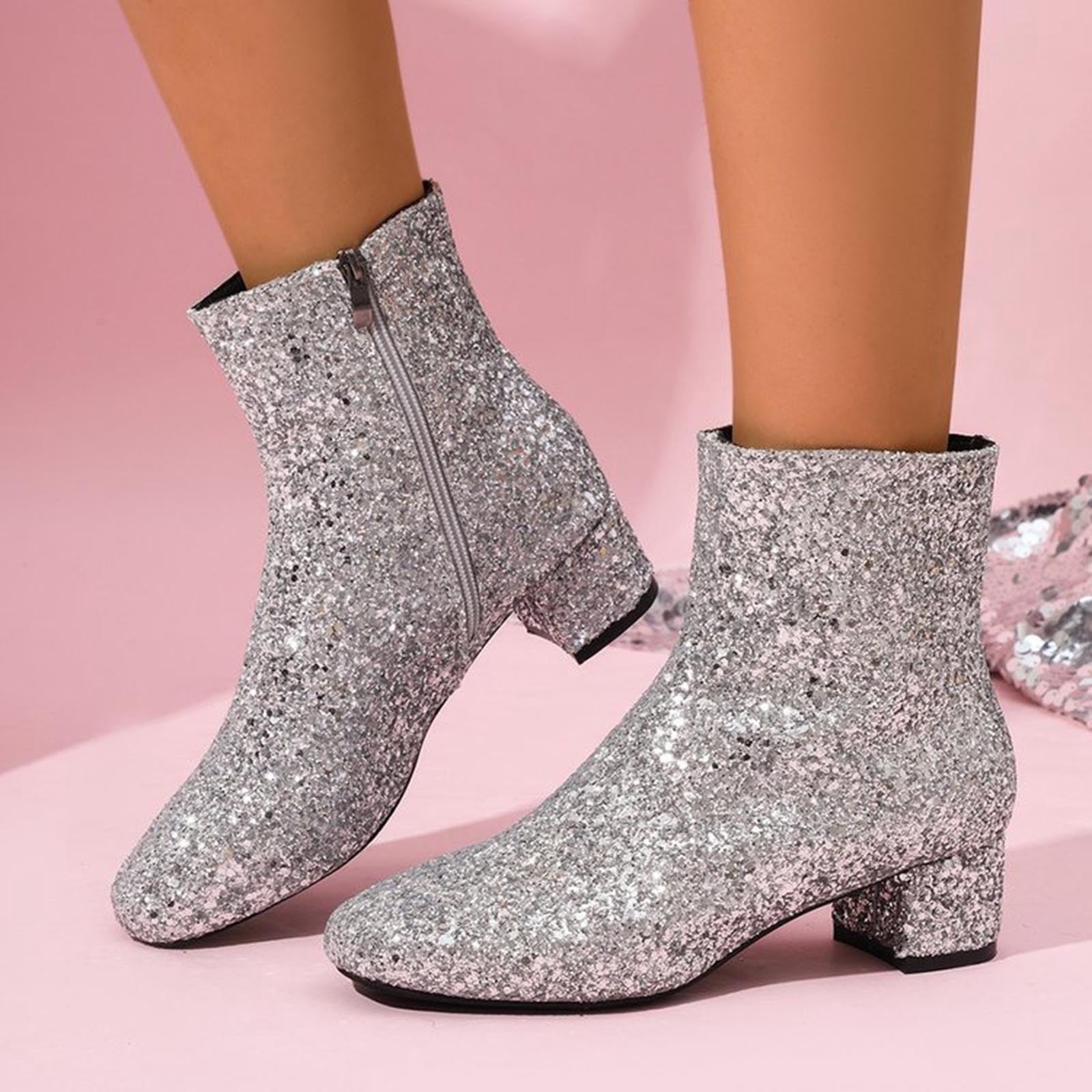 Miluxas Women's Sequins Glitter Chunky Heel Ankle Boots Sparkly Wedding Bridal Party Dress Shoes Block Low Heel Side Zipper Booties Silver 9.5(43)