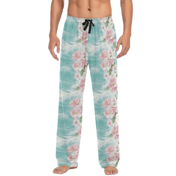 Men's Lightweight Pajama Bottoms Elegant Floral on Aqua Waves Stretch Elastic Waist Side Pockets Spring Fall