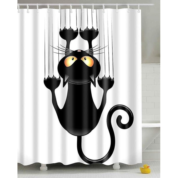Promoción de venta Cortina de ducha DIY, divertido diseño de gato, con ganchos (gato negro, 150 x 180)