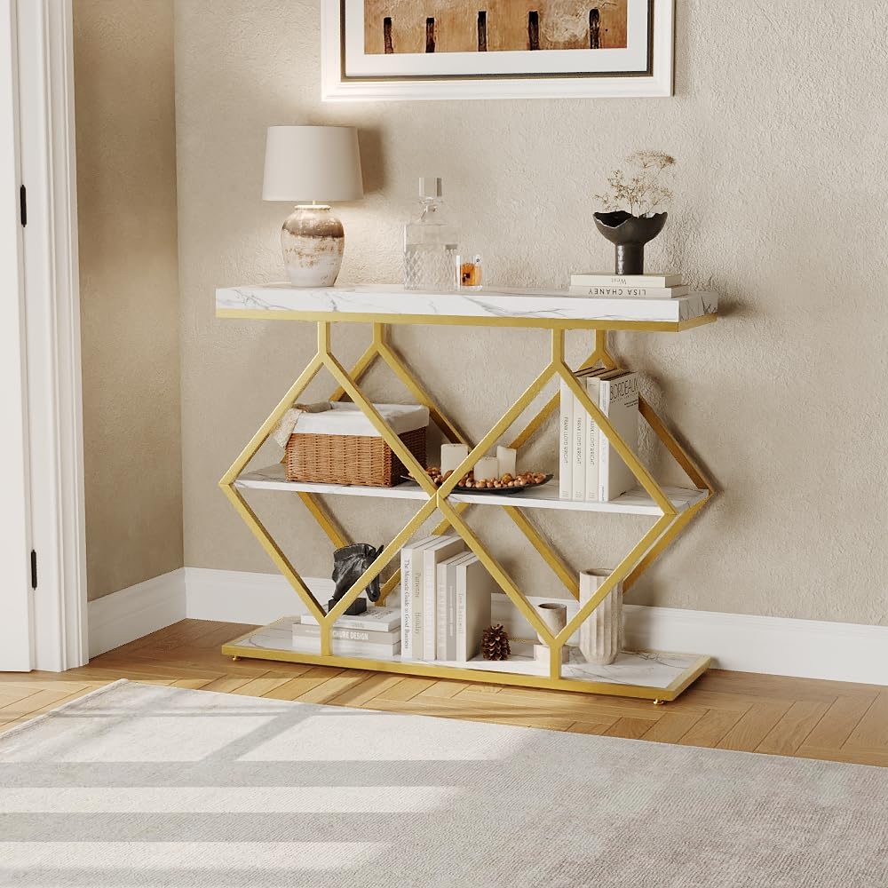 Litake 3-Tier Entryway Table, Industrial Console Sofa Table with Storage, Accent Table with Open Shelves, Diamond-Shaped Metal Frame, Foyer Table for Entryway, Hallway, White