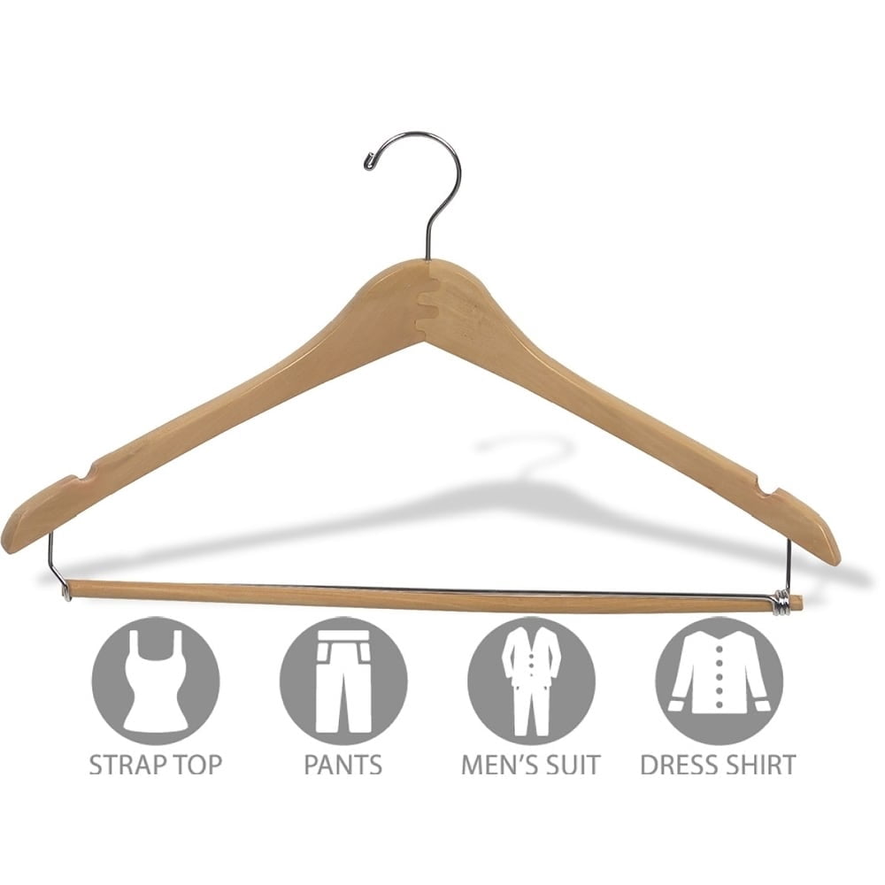 Curved Wood Suit Hanger w/ Locking Bar, Box of 100 17 Inch Hangers w/ Natural Finish & Chrome Swivel Hook & Notches for Shirt Dress or Pants by International Hanger