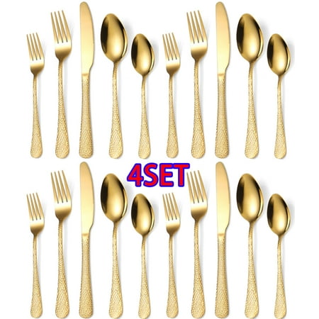 

Lishuaiier 4SET Hammered Flatware Cutlery Set Stainless Steel Eating Utensils for Kitchen Hotel Restaurant Party Modern Design & Mirror Finished - Dishwasher Safe (Golden)