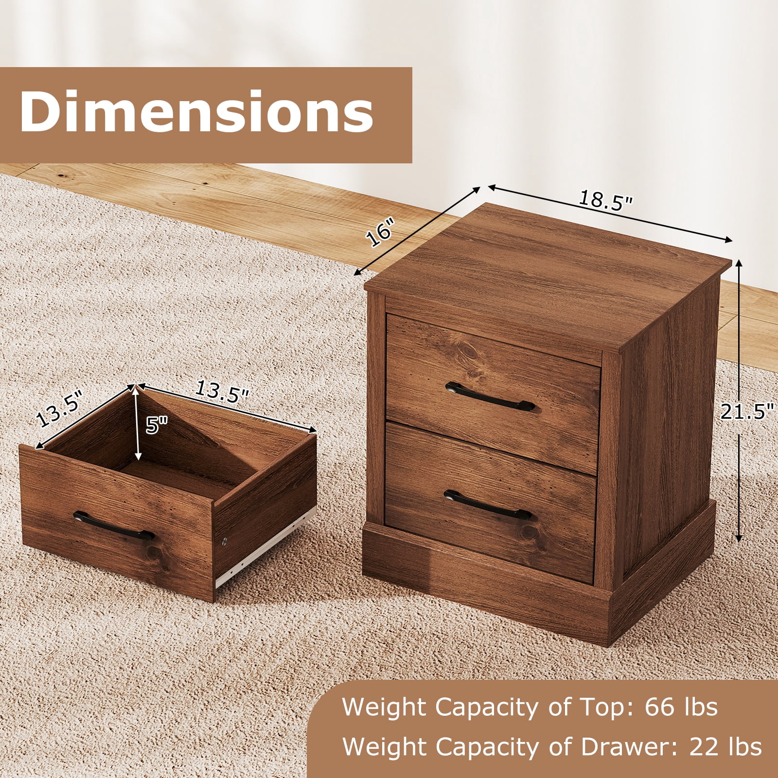 Gymax Set of 2 Drawer Nightstand Bedside Table Compact Sofa End Table Rustic Walnut