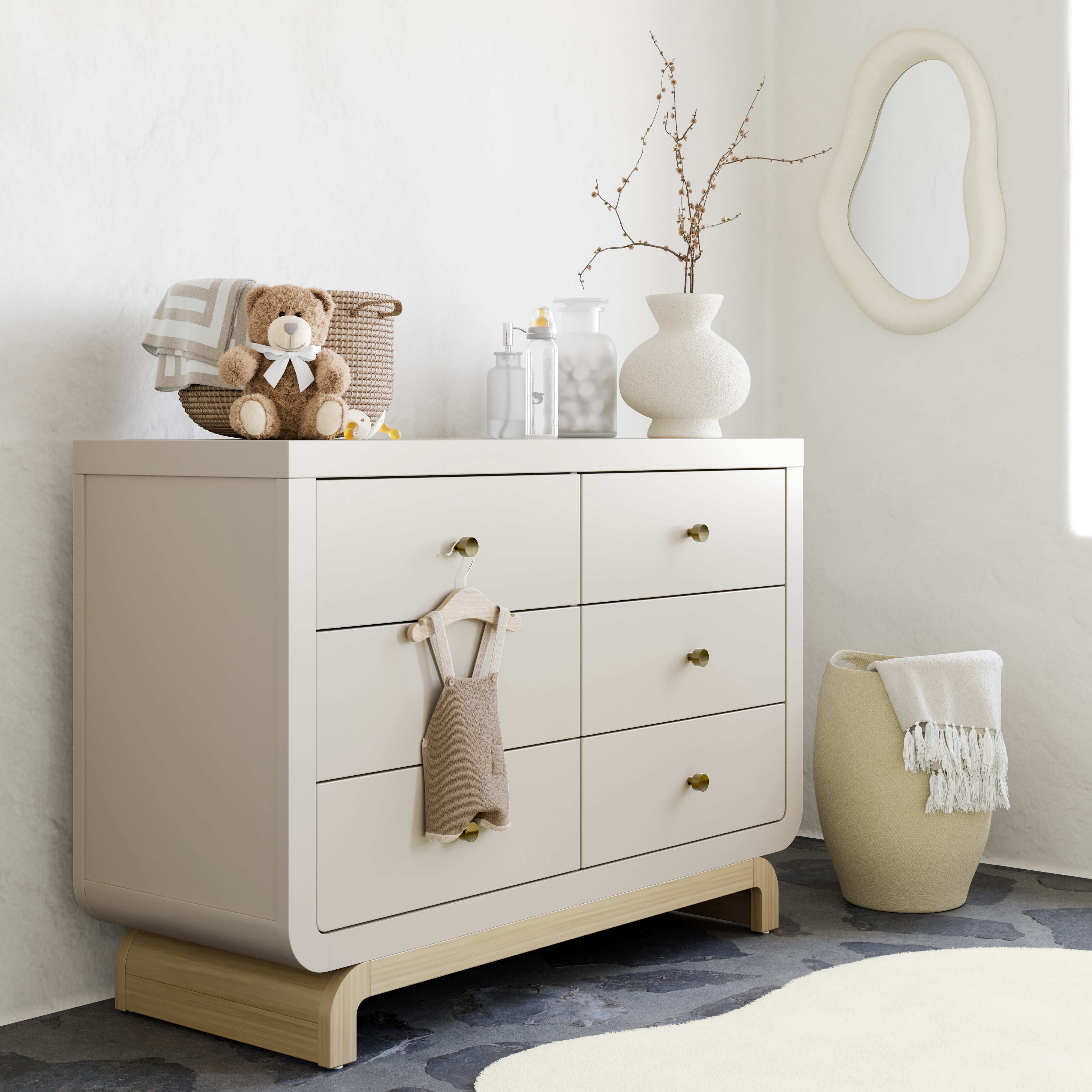 Art of Nursery by Storkcraft Santorini 6 Drawer Nursery Double Dresser, Frosted Oat with Driftwood