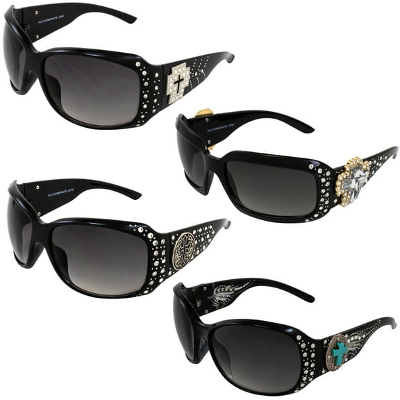Rodeo Queen 4 Pairs of Fashion Riding Sunglasses for Women Bling Black Frame w/ Metal Cross Accent Piece Rhinestones & Smoke Gradient Lenses