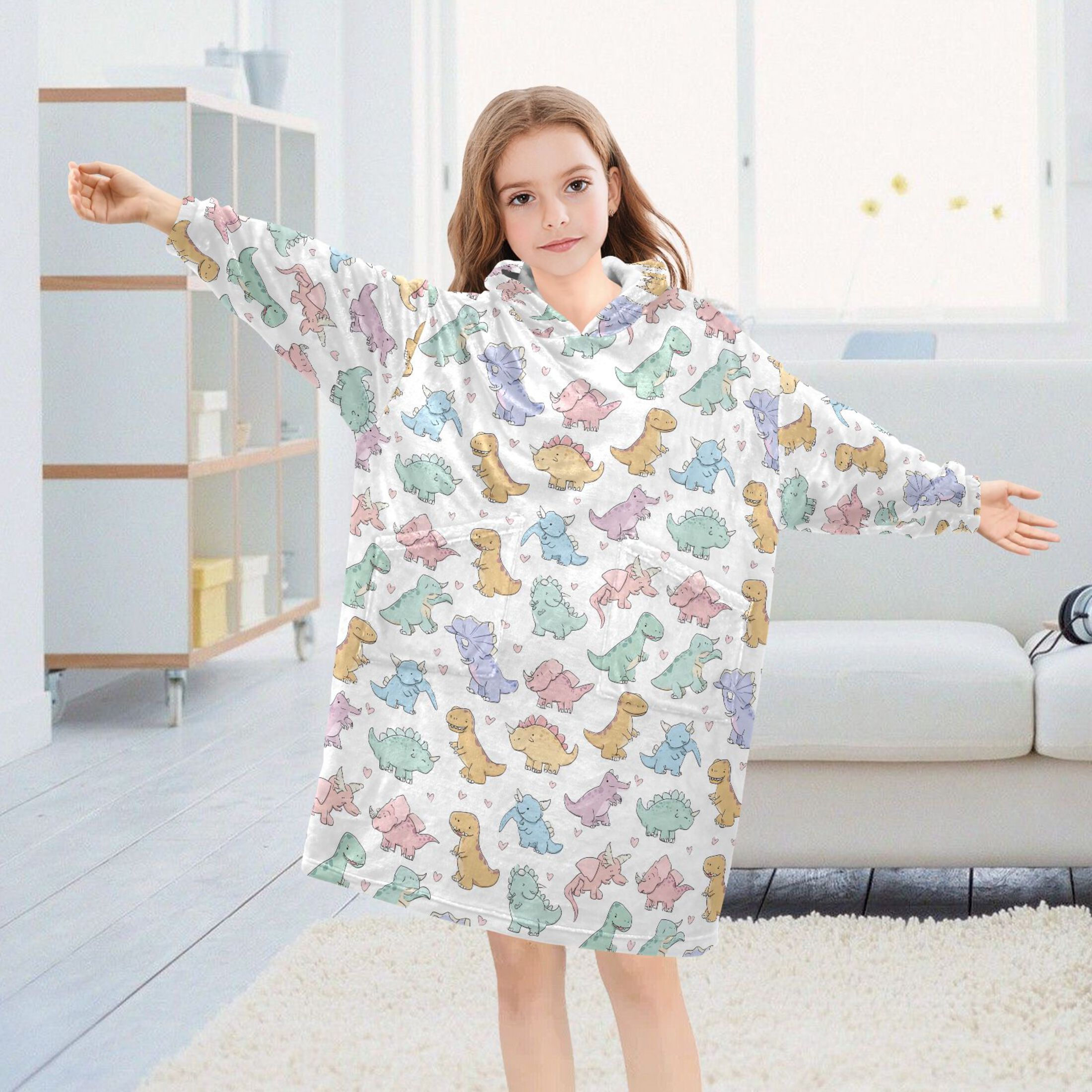 Wearable Blanket Hoodie for Kids Cute Cartoon Dinosaur Flannel Hooded Blanket with Pockets and Sleeves Suitable for Boys and Girls