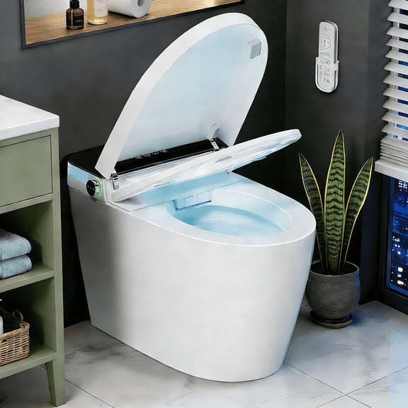 WANSID Smart Toilet with Tankless Bidet Wash, Auto Open Lid, 1.28 Gallons Auto Dual Flush, Heat Seat, Warm Wash/Dryer, Soft Closing, Remote Control