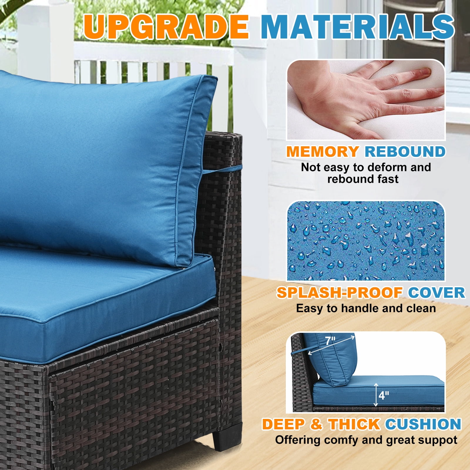 TerraRelax 6 Pieces Patio Furniture set All-Weather Outdoor Wicker Sectional Conversation Sofa Rattan patio seating sofa with cushion and Glass Table and Ottoman for Porch Poolside,Peacock
