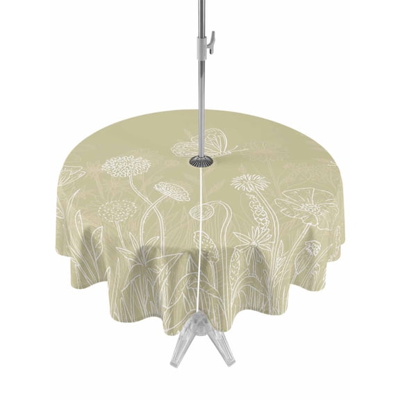 Outdoor Tablecloths with Umbrella Hole & Zipper, Brown Wildflowers Round Tablecloths 60 Inch, Modern Floral Butterfly Plant Waterproof Table Cloth, Patio/Pool/Picnic Table Covers