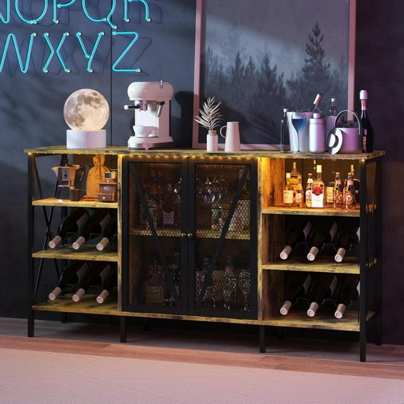 55.12" Farmhouse Wine Bar Cabinet with Wine Rack and Glass Holder, Industry Coffee Bar with Led Light, Metal Sideboard and Liquor Table Cabinet with Mesh Door for Living Room