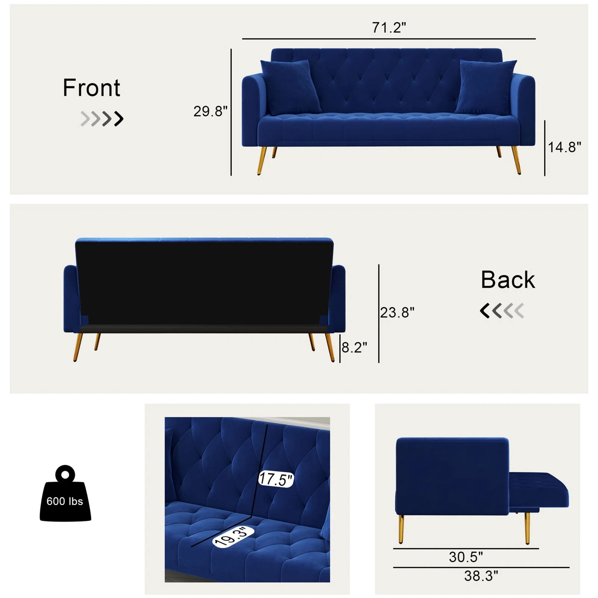 Aukfa Curved Arm Futon Convertible Sofa Bed for Home Office, 2 Pillows, Tufted Back, Velvet, Blue
