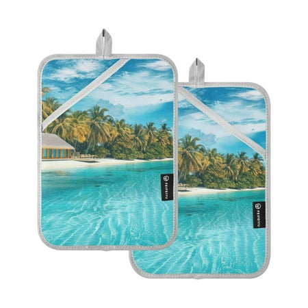 

Pot Holders Set of 2 Heat Resistant 338℉ Kitchen Oven Gloves Potholder Cooking Baking Microwave Mitts Summer Beach with Sky