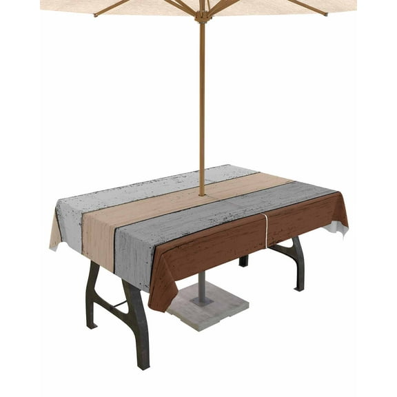 Outdoor Tablecloth with Umbrella Hole for Patio/Picnic/Party/Camping, Brown Wooden Waterproof Table Cloth Rectangle Table Cover Washable, Grey Stripe Gradient Country Rustic Grain 60"x 102"