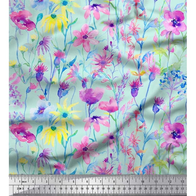 Soimoi Moss Georgette Fabric Flower Watercolor Print Fabric by Yard 42 Inch Wide