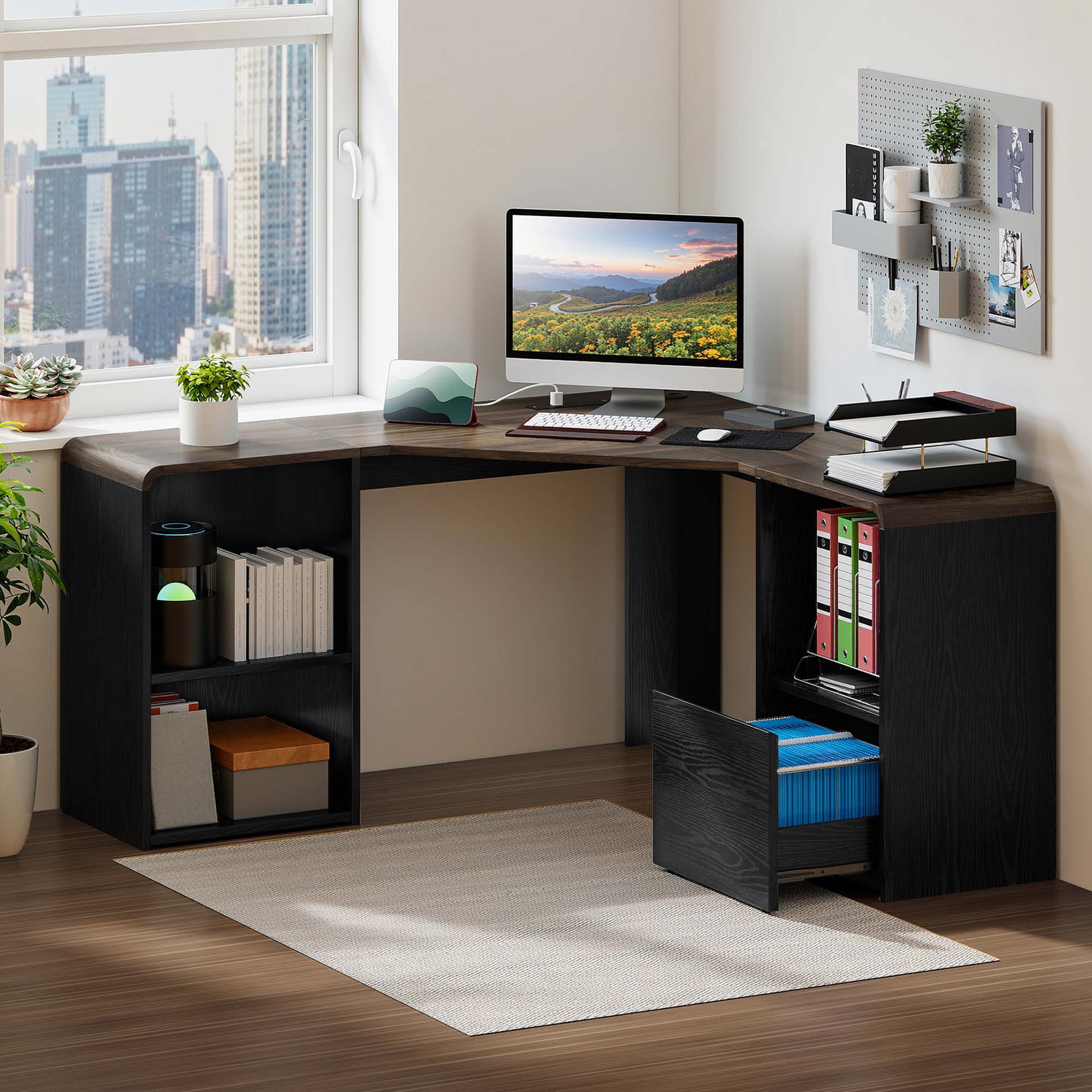 Homiflex L Shaped Desk with File Drawer 59" Modern Corner Computer Desk with Storage L Shape Home Office Desk Executive Desk with Power Outlets Storage Shelves File Cabinet for Working Writing, Black