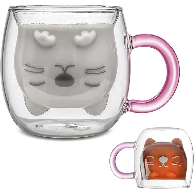 ZHAOCHENG Bonita taza de café con forma de gato, taza de té de vidrio de doble pared con forma de animal, regalo de San Valentín, Pascua, para esposa y madre