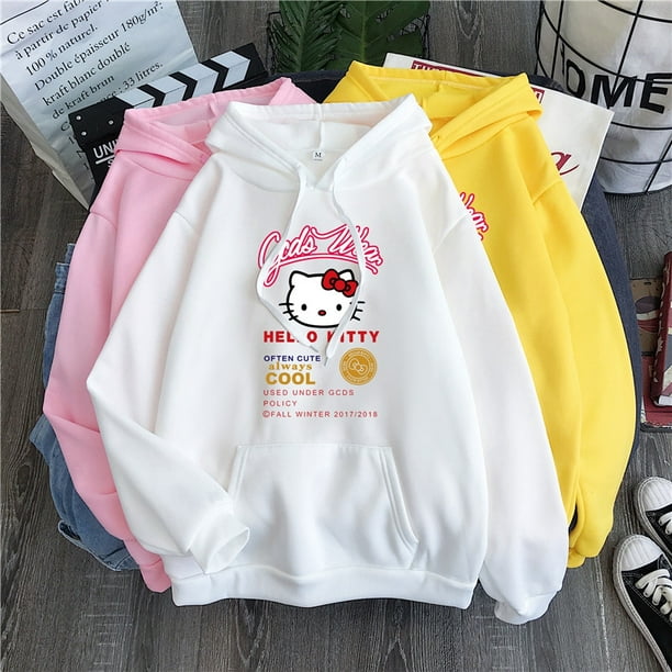 Factory de fábrica pricic】sudadera con capucha Casual de mujer Hello Kitty estampado patrón abrigo grueso suelto de algodón par ropa deportivapangjing