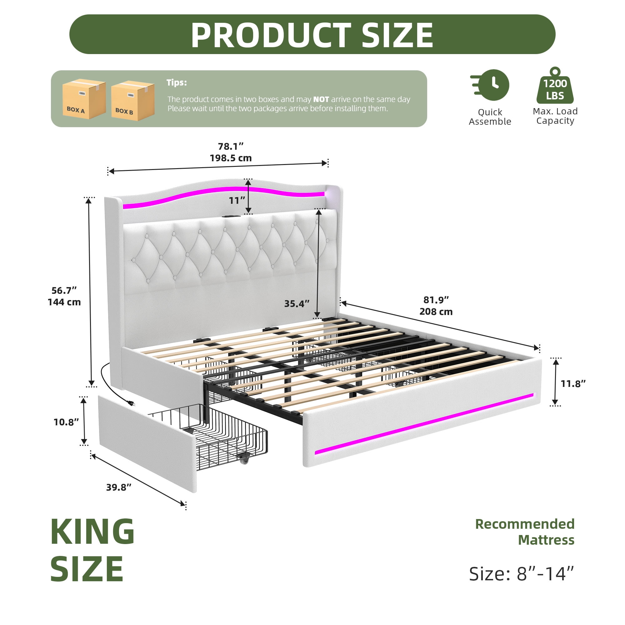 Uforic King Size Bed Frame with Power Outlets & LED Lights, Upholstered Storage Bed Frame with Drawers & Headboard, White