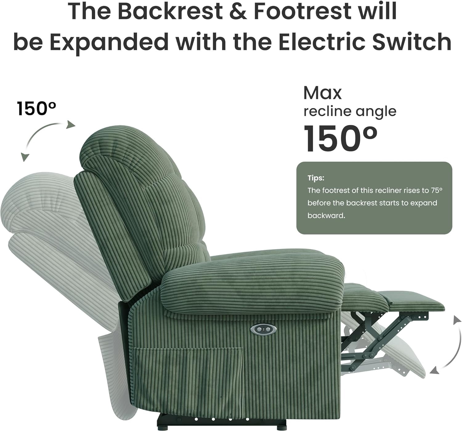 Neche Electric Recliner Chair, Comfy Lay Flat Sofa for Small Spaces, Living Room, One Box, Green