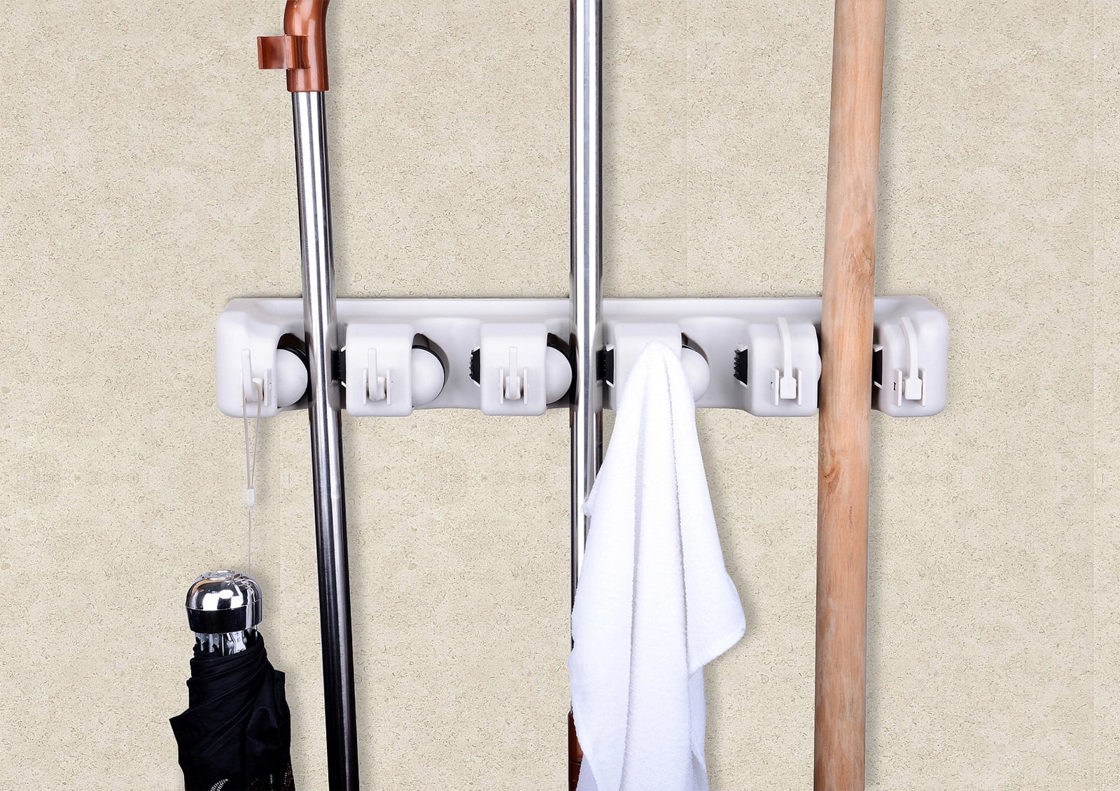 Space Saving Mop and Broom Hanging Organizer with Six Hooks