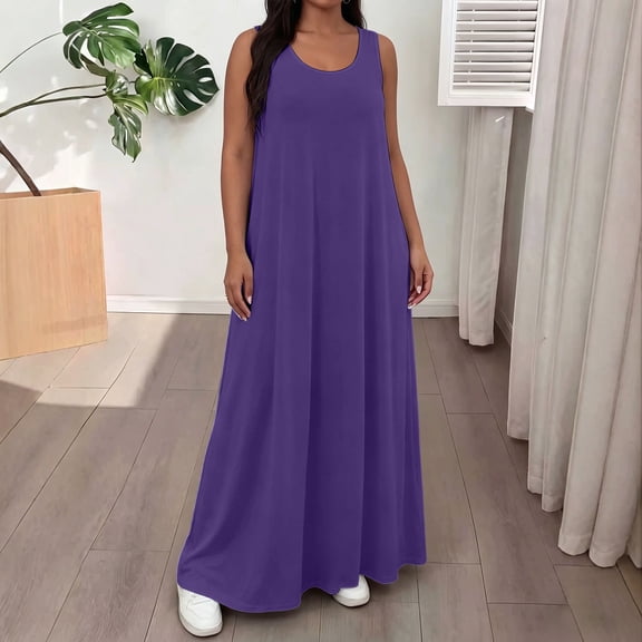 Karymi Summer Dress Plus Size Solid Maxi Dress, Casual Round Neck Sleeveless Tank Dress with Side Pockets, Loose Fit Flowy Long Dress Maxi Dress
