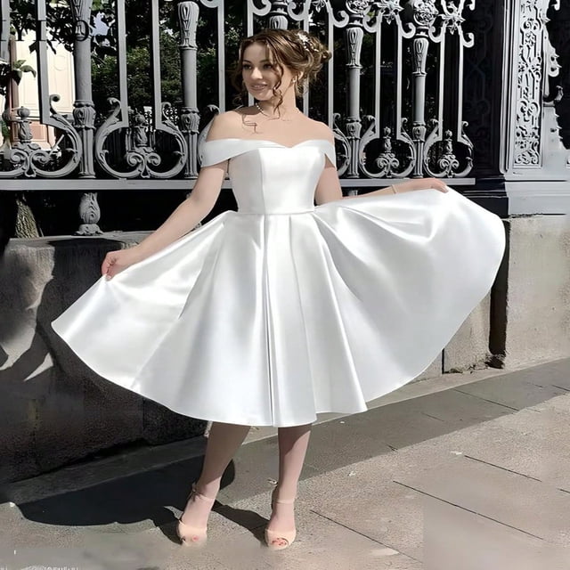 JUNWELL Robe de Mariée Courte Vestidos de Novia Épaules Dénudées Robe de Mariée Dentelle Dos Simple Satin Robes de Bal
