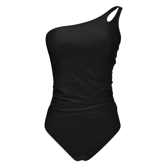 Aayomet Women Tummy Control One Piece Swimsuit Mesh One Shoulder Bathing Suit (Black, S)