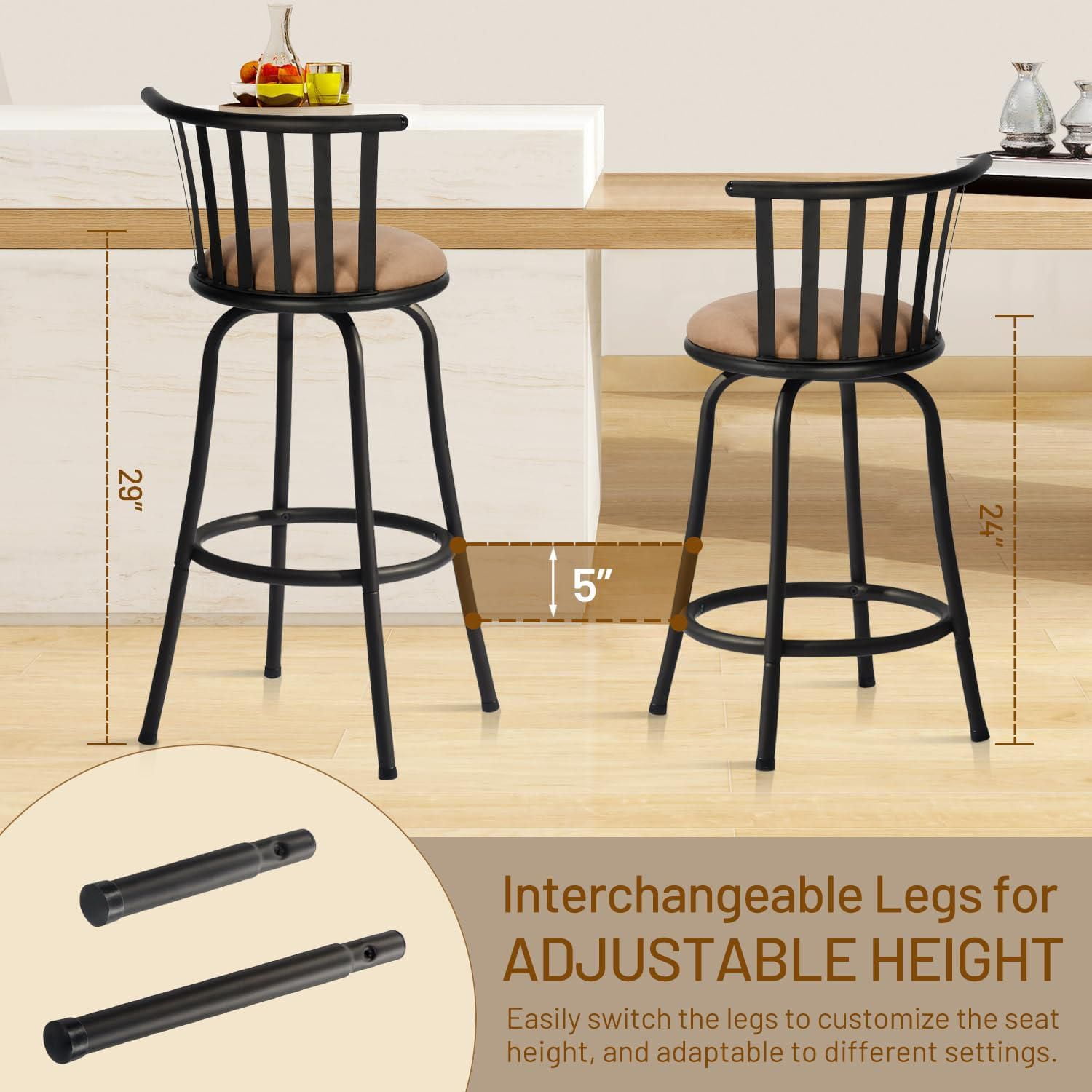 Homylin Barstool Set of 3, Industrial Style, Height Adjustable Swivel Counter Chairs Set with Upholstered Backrests.