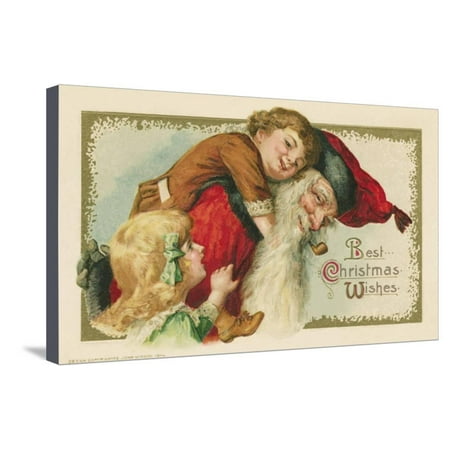 Best Christmas Wishes Postcard with Santa Claus and Children Stretched Canvas Print Wall